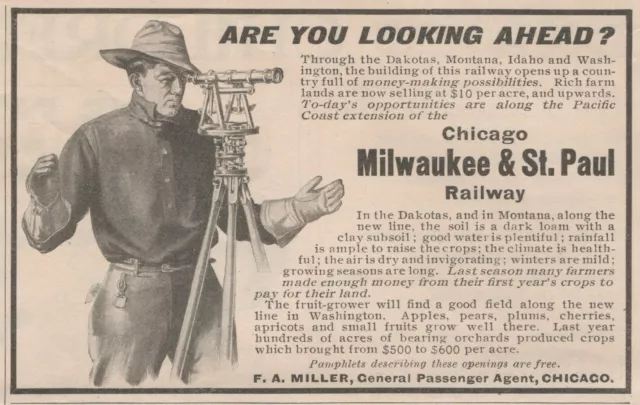 Railway Chicago Milwaukee & St Paul Surveyor Looking Ahead 1908 Antique Print Ad