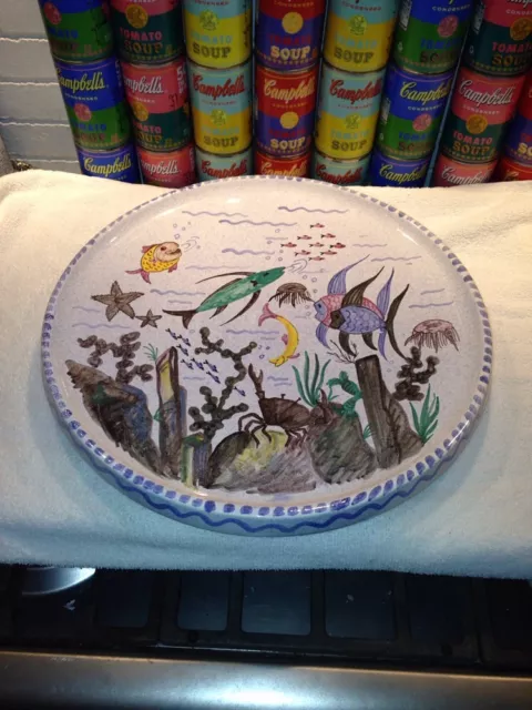 Very large vintage ceramic tray charger underwater scene Sweden ca 1950 Nittsjö