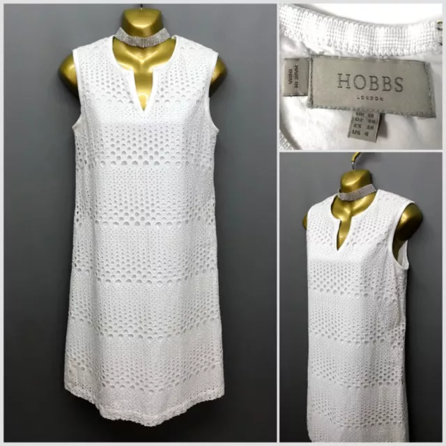 Hobbs London White Broderie Cotton Dress UK 10 EUR 38 US 6 Lined