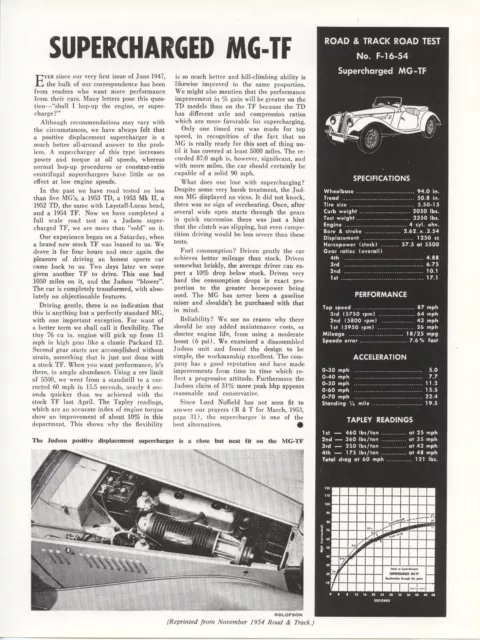 Road & Track Article Reprint from November 1954 Test F-16-54 Supercharged MG-TF