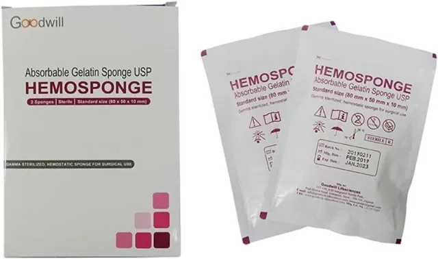 4 x HEMOSPONGE Absorbable Gelatin USP Sterile 2 Sponge Pack SIZE 80x50x10mm