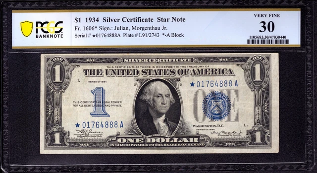 1934 $1 Silver Certificate Star Note Funny Back Fr.1606* Pcgs B Very Fine Vf 30