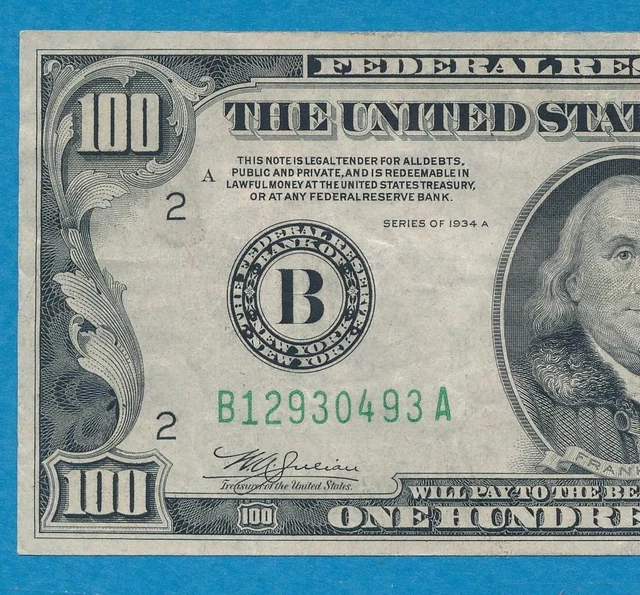 $100.1934-A Mule New York  Green Seal Federal Reserve Note Attractive Choice  Vf