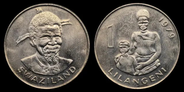 1979 Swaziland 1 Lilangeni Coin, King Sobhuza II, Female and Child