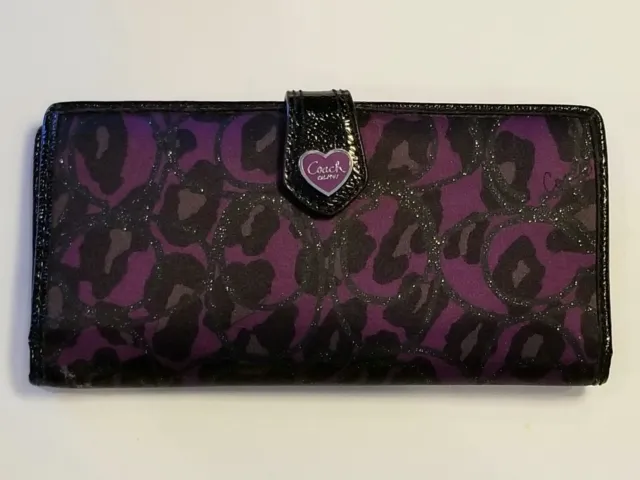 Coach Poppy Daisy Ocelot Print Zip Wallet Card Holder Purple Leopard