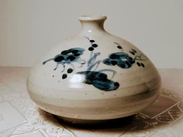 Stoneware Pottery  Vase. Hand Thrown Hand Painted Flowers Vintage. Salt Glaze