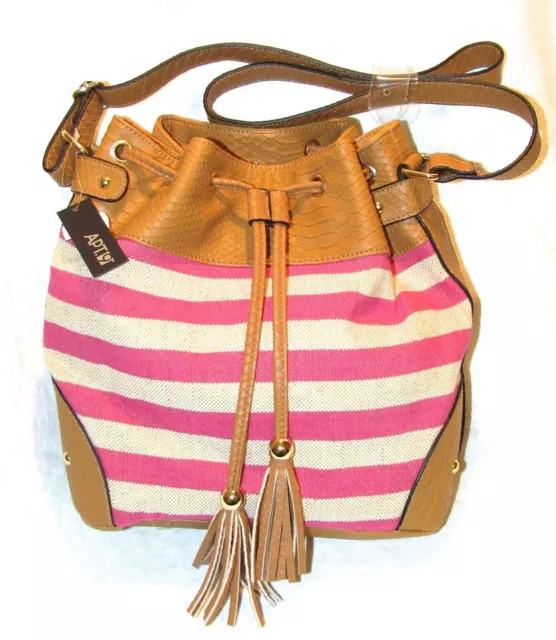 Apt. 9 Simone Pink Beige Stripe Drawstring Bucket Textile Bag Faux Leather