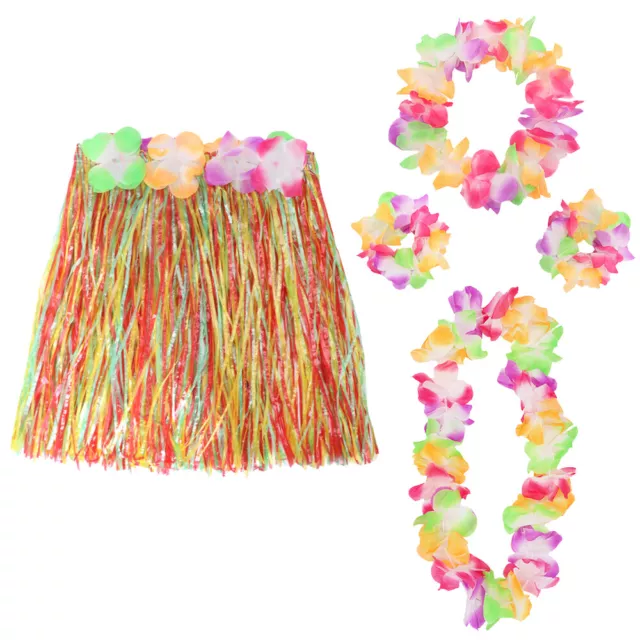 5 Pc Hula Set Lei Wristbands Headband+ Multi Coloured Hawaiian Skirt Fancy Dress