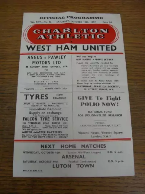 12/10/1957 Charlton Athletic v West Ham United  (folded, slight rusty staple, te