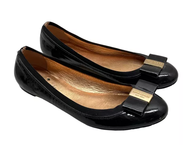 Kate Spade New York Tock Bow Ballet Flat Womens Sz 8 Patent Leather Black Gold