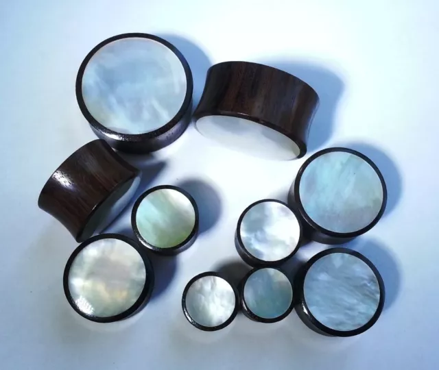 Pair Handmade Mother of Pearl MOP Shell Sono Wood Saddle Ear Plugs Tunnel Gauges