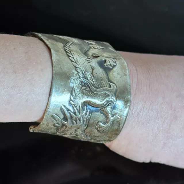 Rare Antique Chinese Dragon Sterling Silver 925 Cuff Bracelet Mens XL Hong Kong