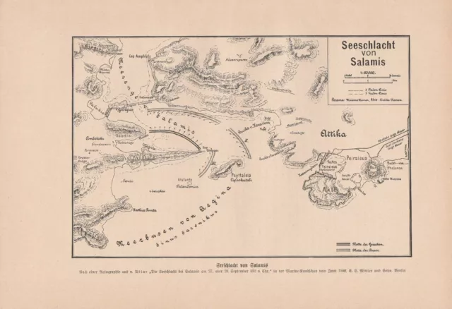 Karte der Seeschlacht von Salamis 480 v. Chr. DRUCK von 1913 Griech Perser