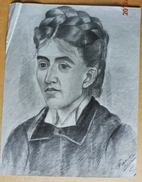 " PORTRAIT  DE  FEMME "  SUPERBE DESSIN  ANCIEN CRAYON - FUSAIN   signé 19éme