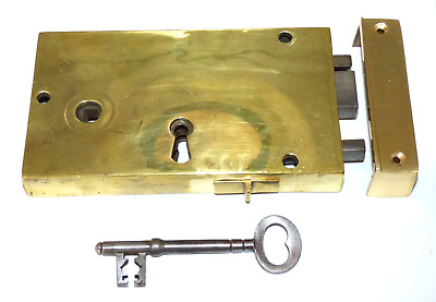 Old Antique brass left hand rim lock with privacy latch & handcut key (RL282)
