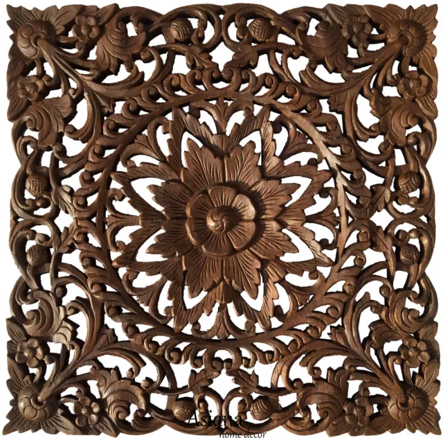 Asian Carved Wood Wall Decor Plaque. Floral Wood Wall Art Panel. Dark Brown 24"