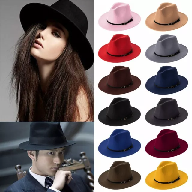 Unisex Wool Felt Fedora Hats with Belt Buckle Retro Wide Brim Panama Cowboy Hat