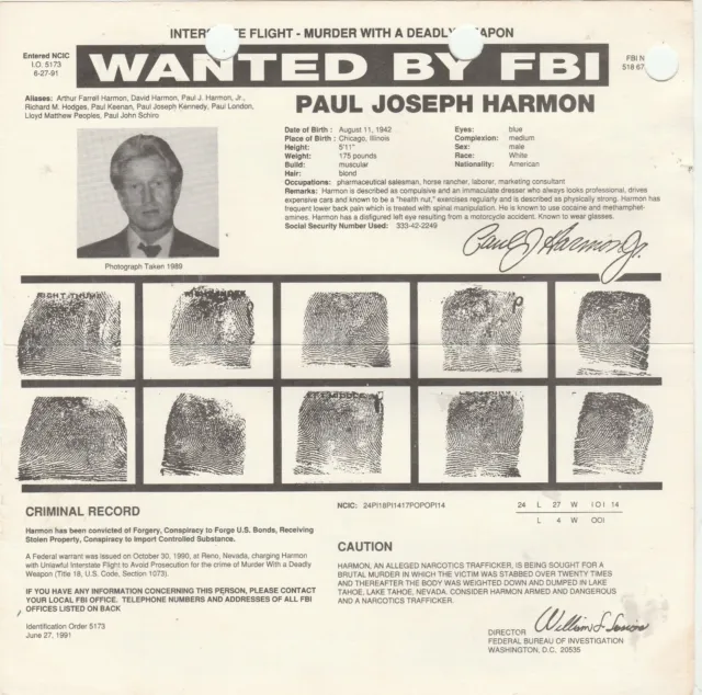 FBI WANTED POSTER-PAUL Joseph Harmon-Interstate Flight-Murder 10-30-90 ...