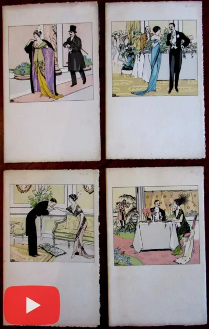 Art Deco Fashion Illustration c. 1920's lot x 4 splendid hand color prints