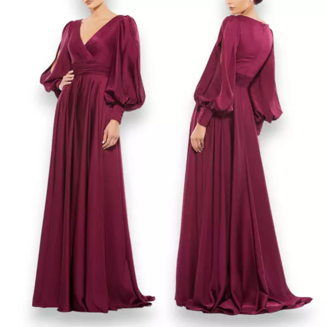 Mac Duggal Flowy Split Bishop Sleeve Wine Faux Wrap Gown Dress Size 8 Women's