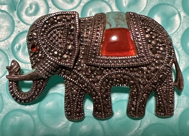 Sterling and Marcasite Elephant Pin with Carnelian and Turquoise and Ruby Eye