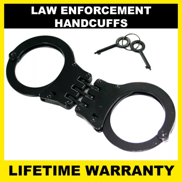 POLICE Handcuffs Professional Heavy Duty Metal Steel Hinged Double Lock - BLACK