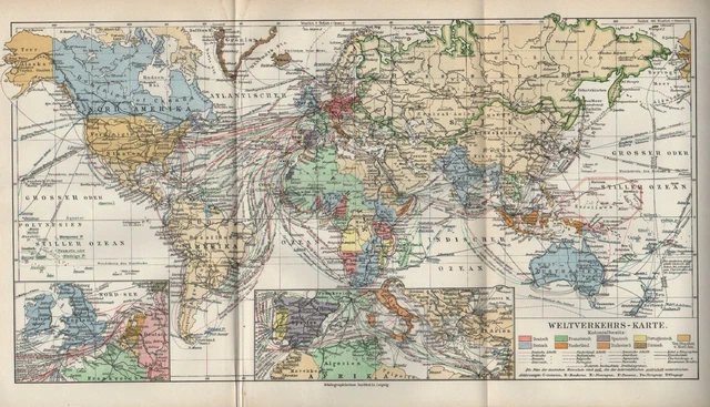 Landkarte map 1907: WELTVERKEHRS-KARTE. Kolonialbesitz Verkehr
