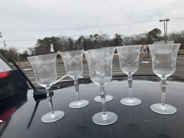 Vtg  Set Of 6 Etched Floral Pattern Optic Clear Cut Crystal 7 3/4” Wine Glasses