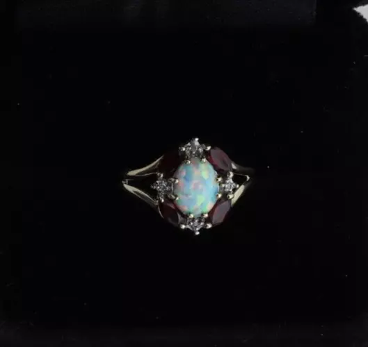 10k Yellow Gold Lab Created Opal, Natural Garnet & Diamond Ring size 7 1/2