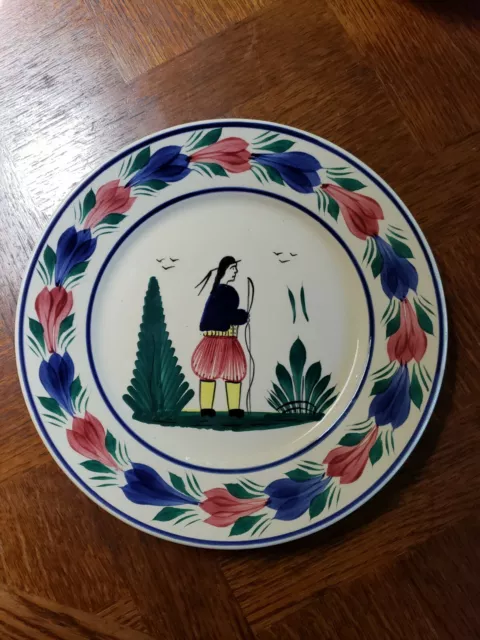 Vintage HB Quimper France Large Faience 11" Plate Handpainted with Breton Mint