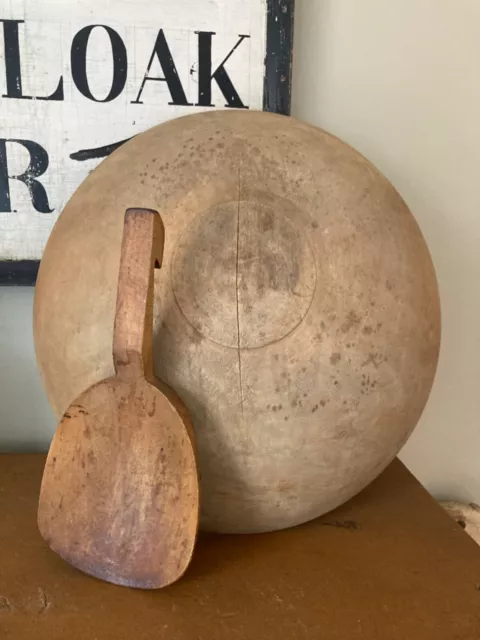 ATQ Wooden Turned Dough Bowl w/ Foot Out of Round & Paddle 15.5" x 14.5"