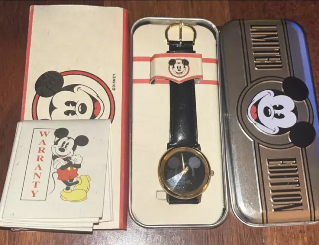 1990s Disney MICKEY MOUSE GEM CUT FACE Fossil Watch Black Band NIB Limited /5000