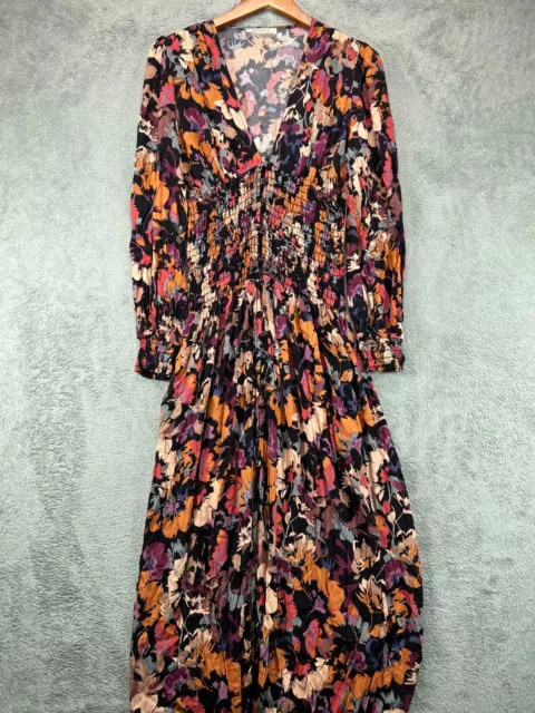 NWT WANDERLUX Womens Small Maxi Dress Black Floral Smocked Long Sleeve Penelope