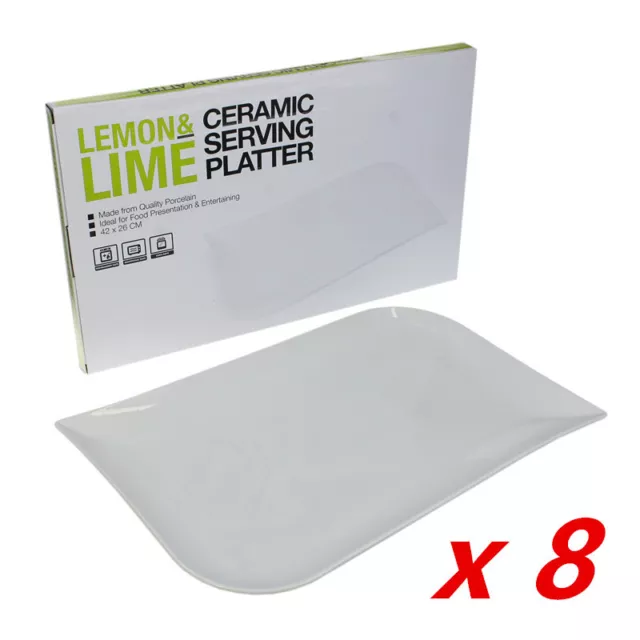 8 x Large White Ceramic Wave Restaurant Catering Platter Serving Tray 40x26cm FD