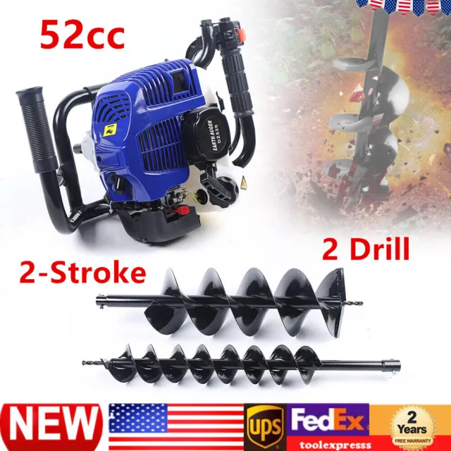 52cc Gasoline Engine 2-Stroke Post Hole Digger Borer Fence Ground Drill +2 Drill