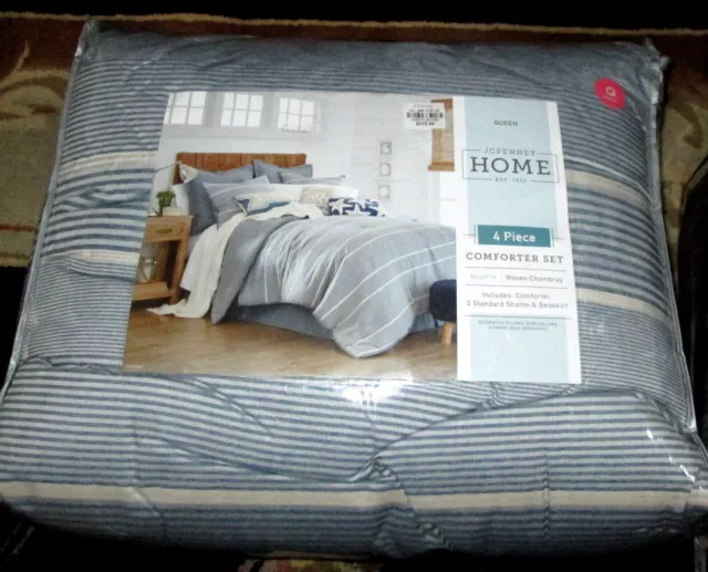 JcPenney comforter set 4pc QUEEN size Coastal Blue Cotton New 2