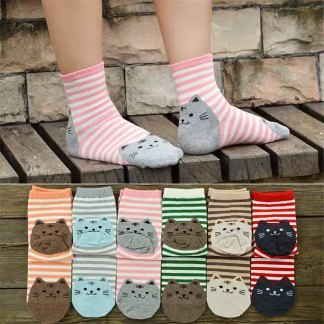 Mid-calf Socks Striped Cotton Soft For Women Girls Cartoon Cute cat Fashion
