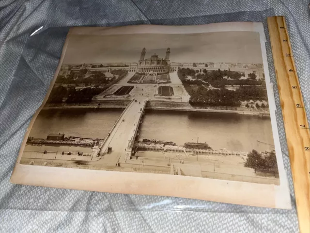 Large Antique Mounted Photo: Paris France Panorama Du Trocadero Fountains