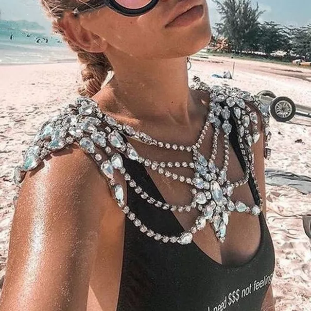 Rhinestone Tassel Shoulder Chain Elegant Luxury Bling Rave Club Body Jewelry