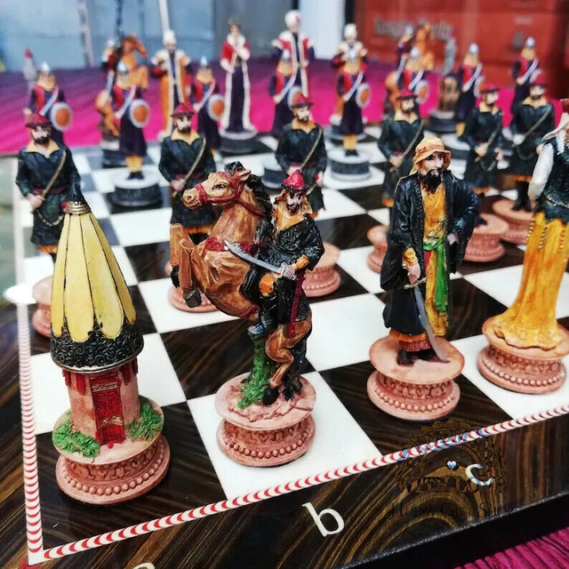 Chess Set Hungarian vs Ottoman Hand Painted Chess Pieces and Walnut Game Board 5