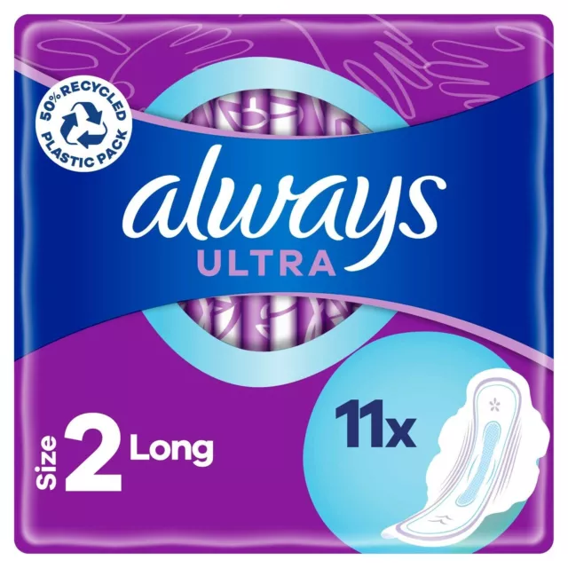 11 x Always Ultra Sanitary Towels Long With Wings Size 2 Odour Lock & Leak Guard