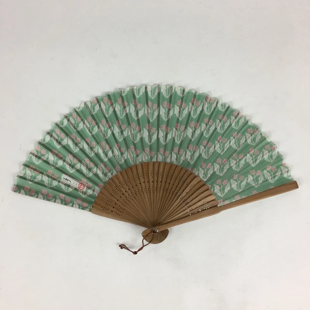 Japanese Folding Fan Vtg Sensu  Bamboo Frame Fabric Green Pink Flower 4D563