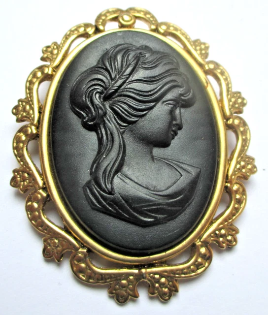 Broche Antique Laiton Argenté Grand Camée En Verre - Ancienne Occasion