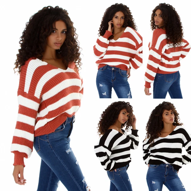 Maglione Donna Pullover Maglioncino a Righe Scollo a V Elegante Morbido Maglia