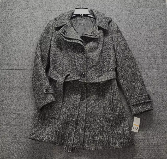 London Fog Women's Wool Blend Coat Sz L Black & White Herringbone Tweed Button