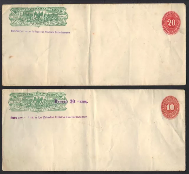 Mexico Us Two Wells Fargo 1893 Exp Postal Cvr 20¢ & 10¢ Hand Stamped Revalued To