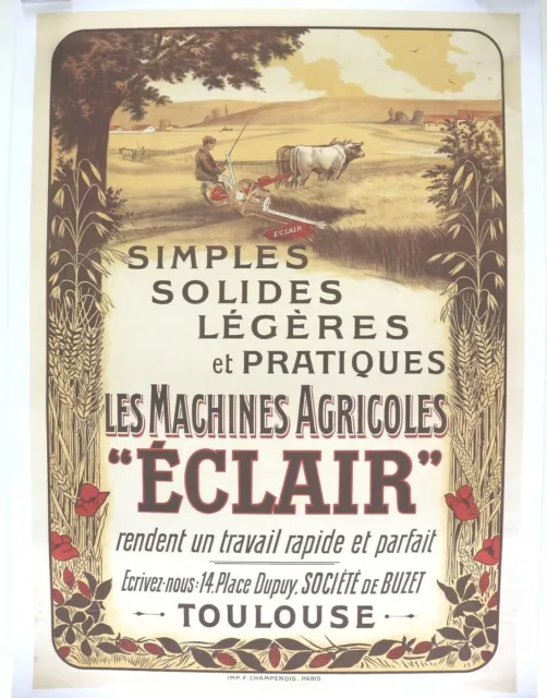 AFFICHE ORIGINALE litho machine agricole Eclair TOULOUSE BUZET 1900 TRACTOMANIA