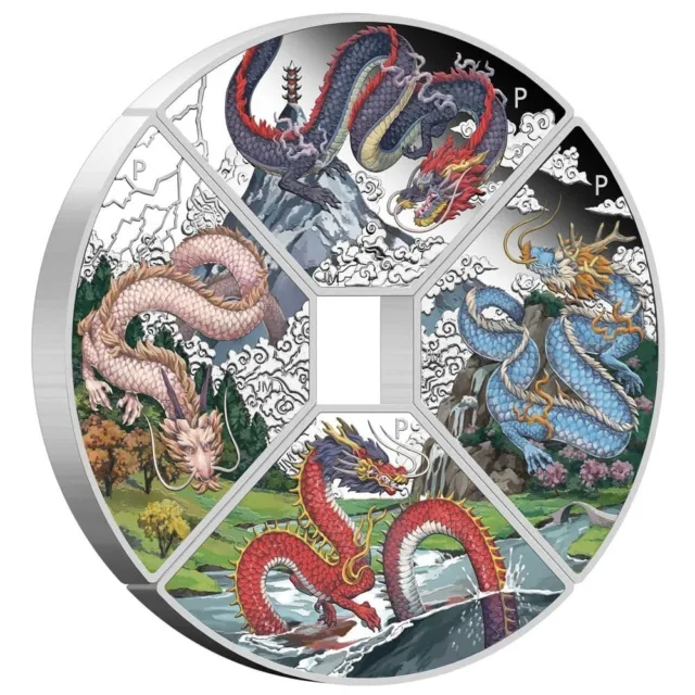 2024 Lunar Year of the Dragon 4oz Quadrant Silver Proof Coins Perth Mint #1012