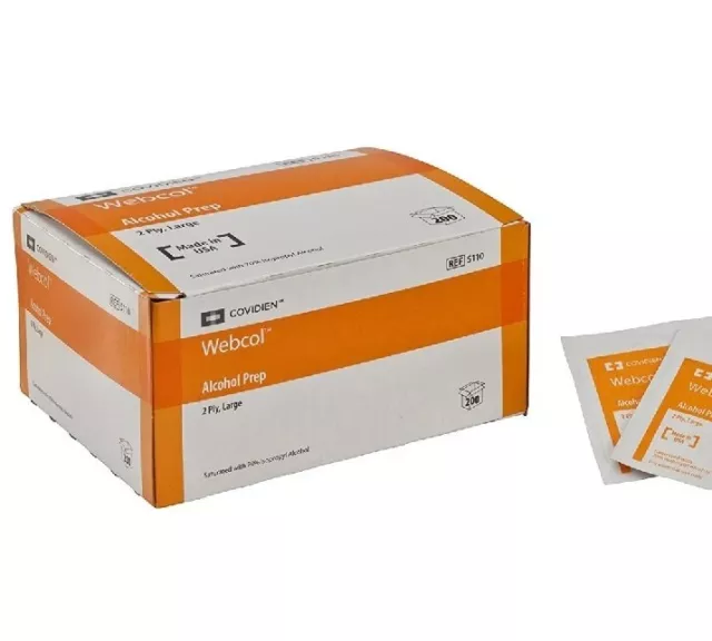 Almohadillas grandes de preparación de alcohol estériles de 2 capas Covidien Kendall WEBCOL 200/BX 5110 ¡Nuevas!