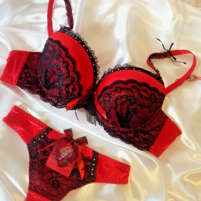 SEXY RED BLACK Push Up Bra Set Lace Lingerie Bra & Thong Ladies